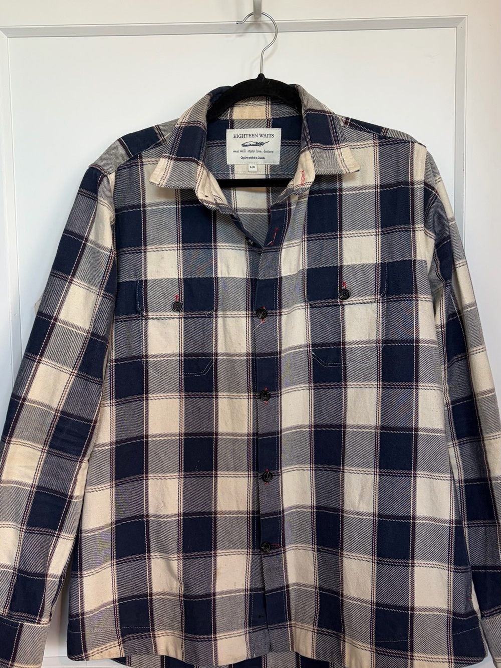 Eighteen Waits Men's Navy and Cream Plaid Button-Down Shirt